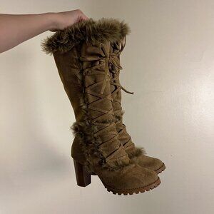Vintage Y2K Splash Brown/Tan Knee High Lace Up Heeled Boots with Faux Fur Trim